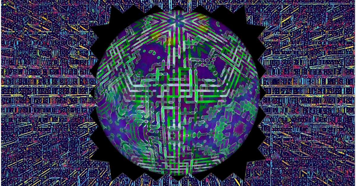 Abstrakte Darstellung einer Kugel mit komplexen, leuchtenden Schaltkreis- und Molekülstrukturen vor einem geometrisch gemusterten Hintergrund